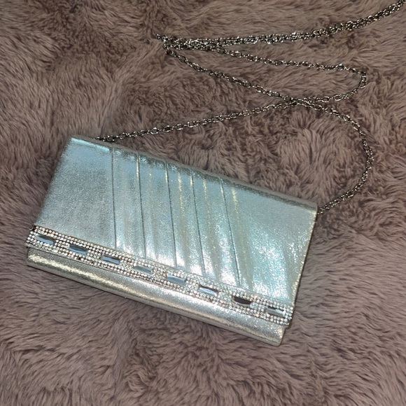 Handbags - Silver formal classy clutch handbag small 8” purse removable chain link strap​